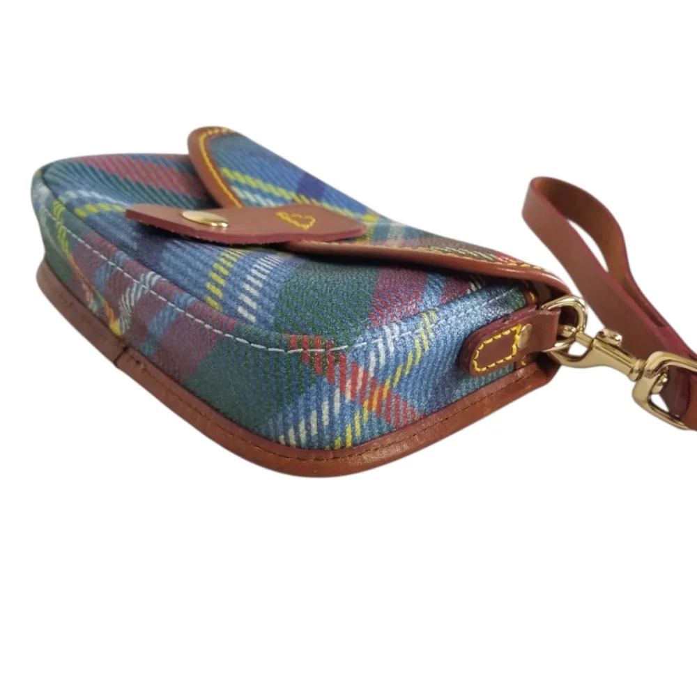 DOONEY & BOURKE Tartan Plaid Canvas And Leather Front Flap Wristlet Made In USA